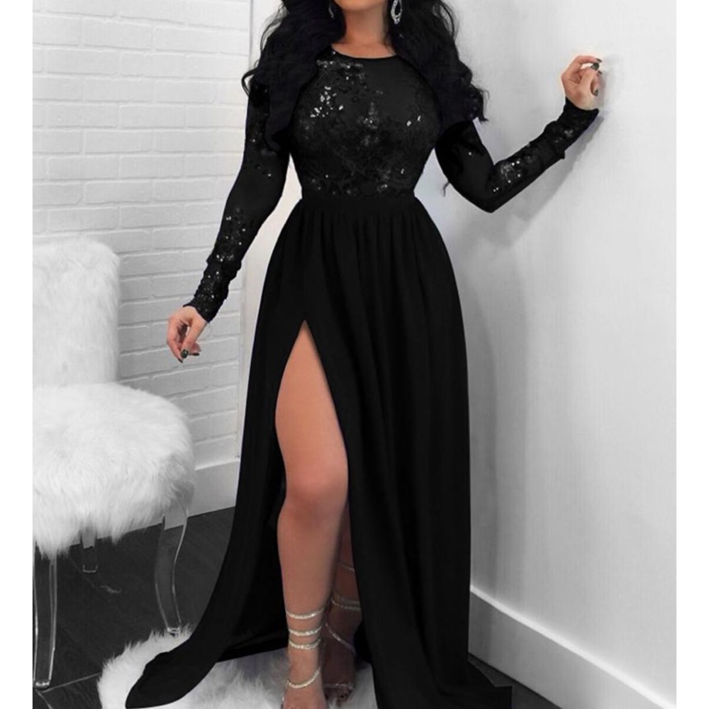 High Slit Black Evening Dress